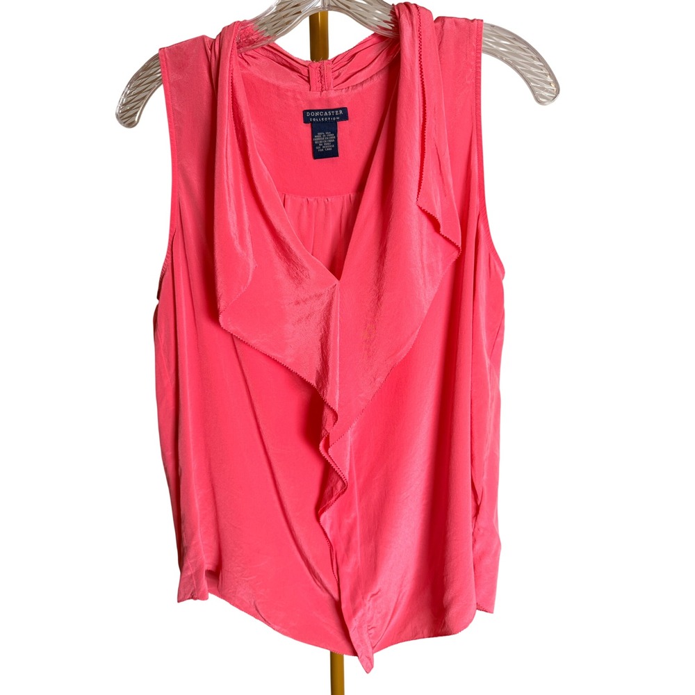 Doncaster Collection Draped Ruffle Blouse Womens 12 Pink Silk Sleeveless Top